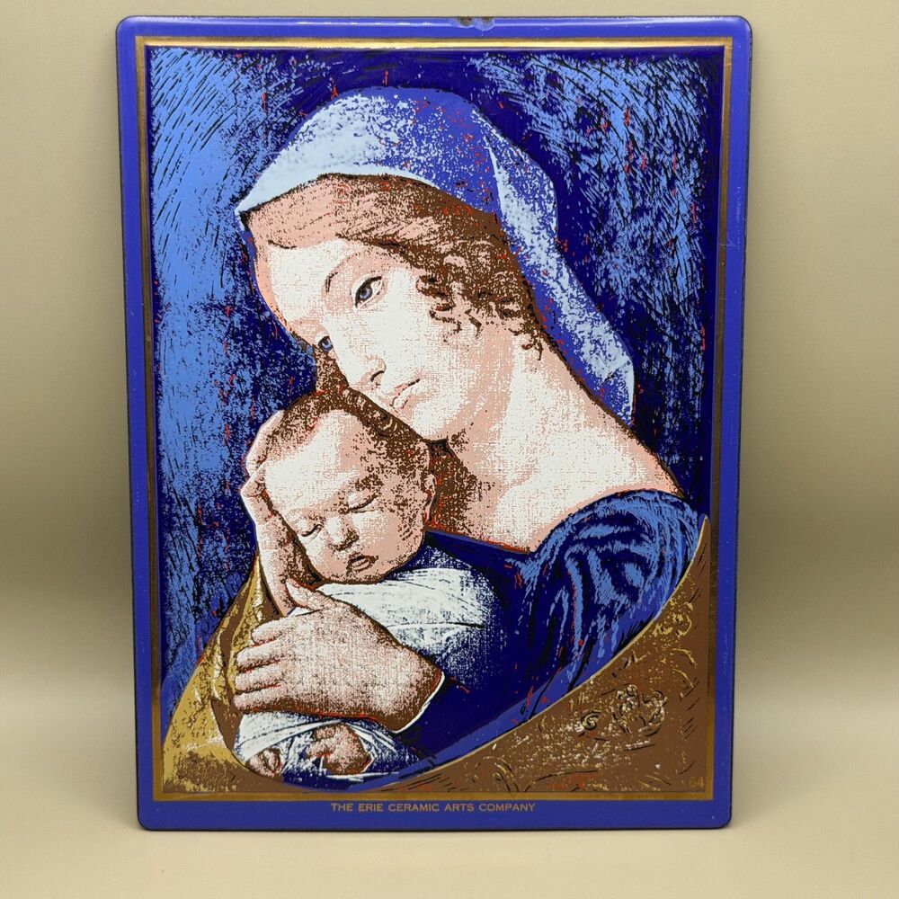 1964 Erie Ceramic Arts Gilt Blue Madonna Child Plaque Limited Edition Religious